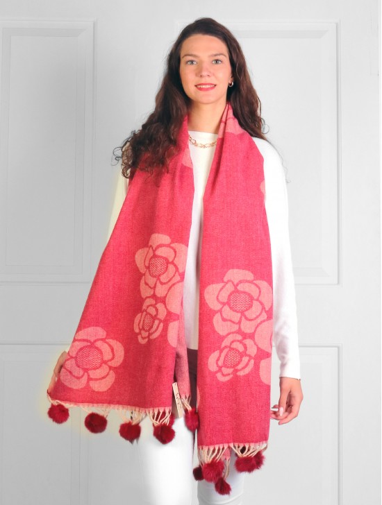 Cashmere Feeling Floral Scarf with Pom-Poms